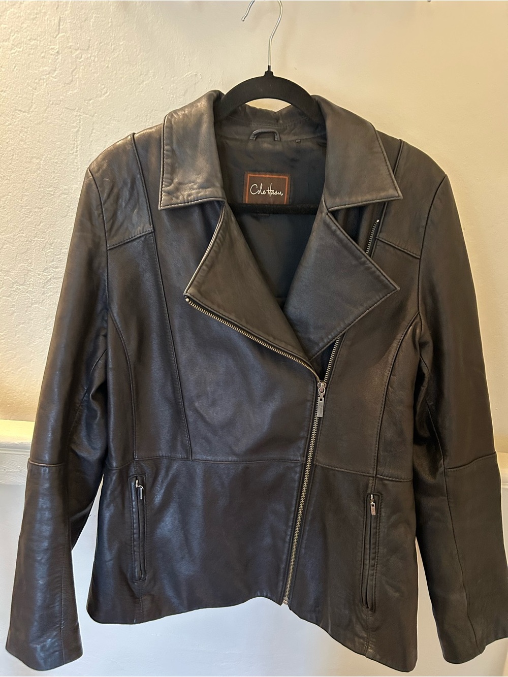 Cole Haan Black Asymmetrical Zip Leather Jacket